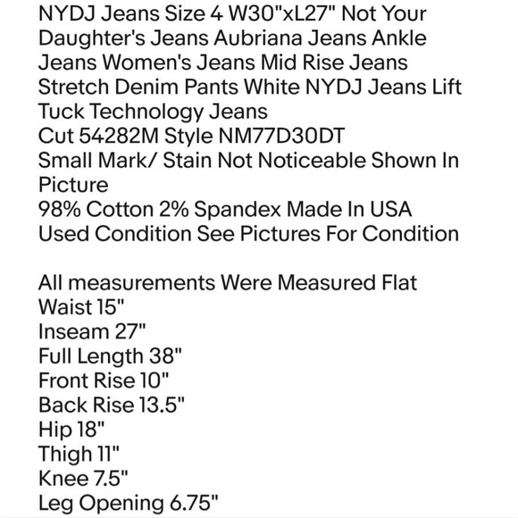 NYDJ Jeans Size 4 W30"xL27" Not Your Daughter's Jeans Aubriana Jeans Ankle Jeans - Picture 2 of 7